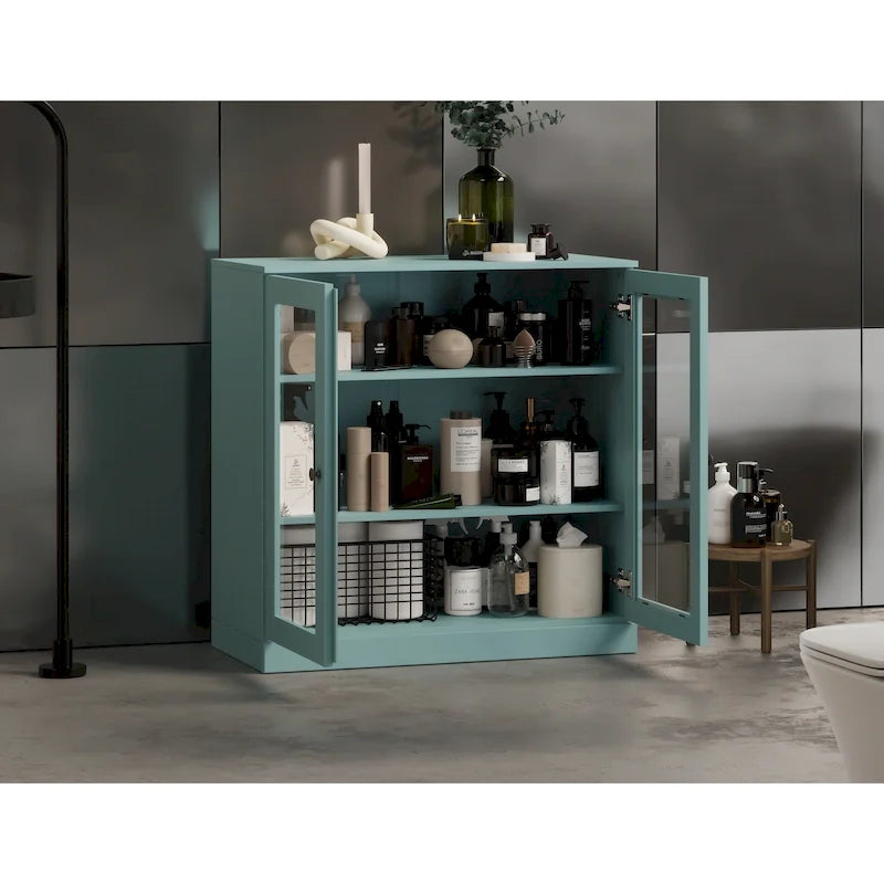 Meuble de salle de bain 100 % bois massif 32 po avec portes en verre transparent et étagères réglables