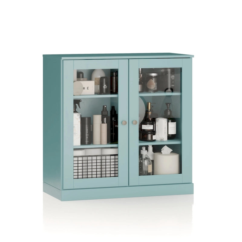Meuble de salle de bain 100 % bois massif 32 po avec portes en verre transparent et étagères réglables