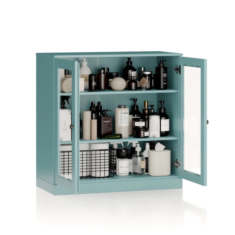 Meuble de salle de bain 100 % bois massif 32 po avec portes en verre transparent et étagères réglables