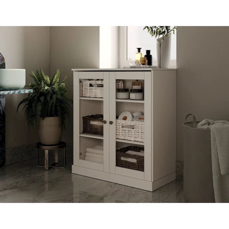 Meuble de salle de bain 100 % bois massif 32 po avec portes en verre transparent et étagères réglables
