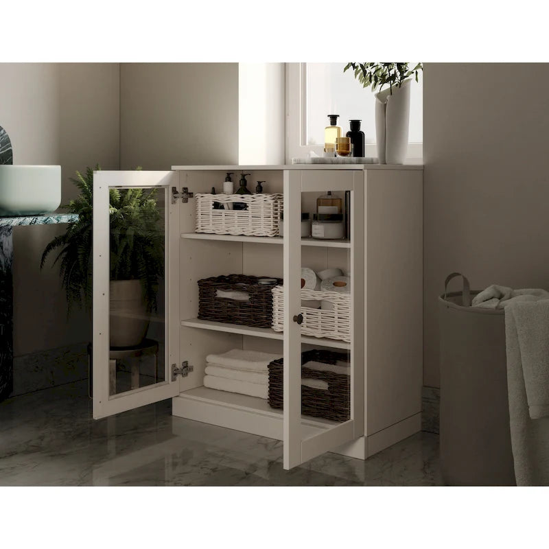 Meuble de salle de bain 100 % bois massif 32 po avec portes en verre transparent et étagères réglables