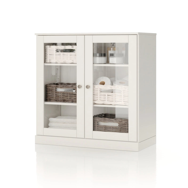 Meuble de salle de bain 100 % bois massif 32 po avec portes en verre transparent et étagères réglables