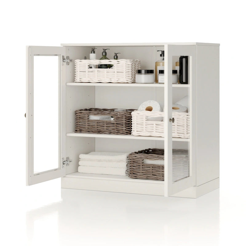 Meuble de salle de bain 100 % bois massif 32 po avec portes en verre transparent et étagères réglables