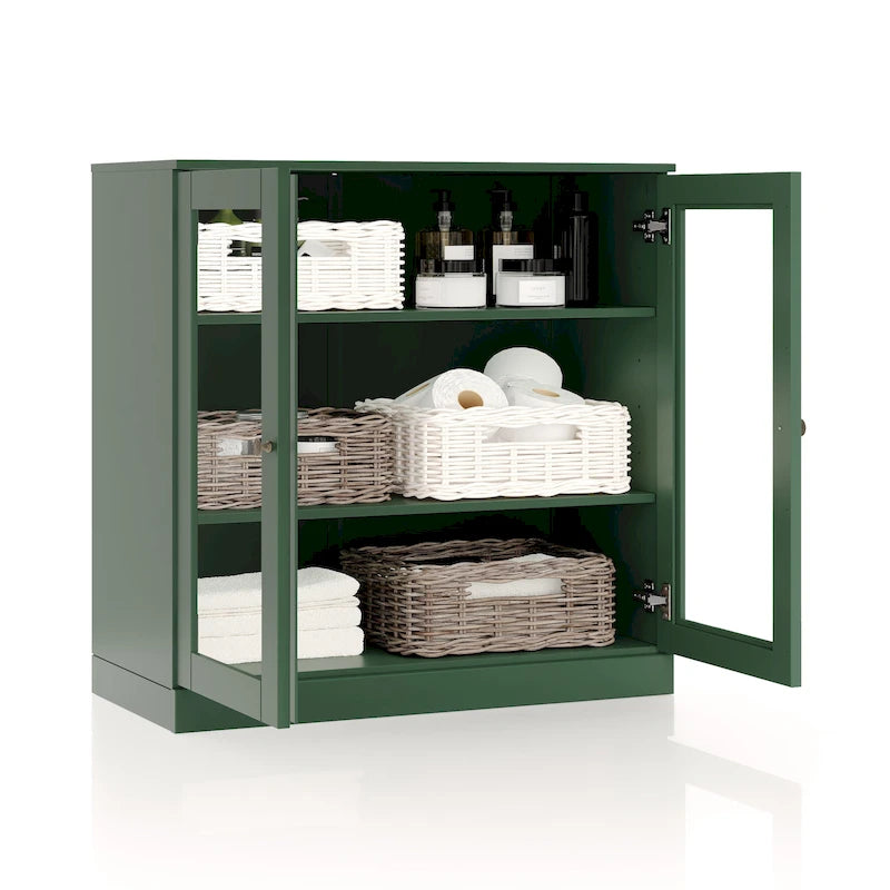 Meuble de salle de bain 100 % bois massif 32 po avec portes en verre transparent et étagères réglables