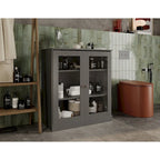 Meuble de salle de bain 100 % bois massif 32 po avec portes en verre transparent et étagères réglables