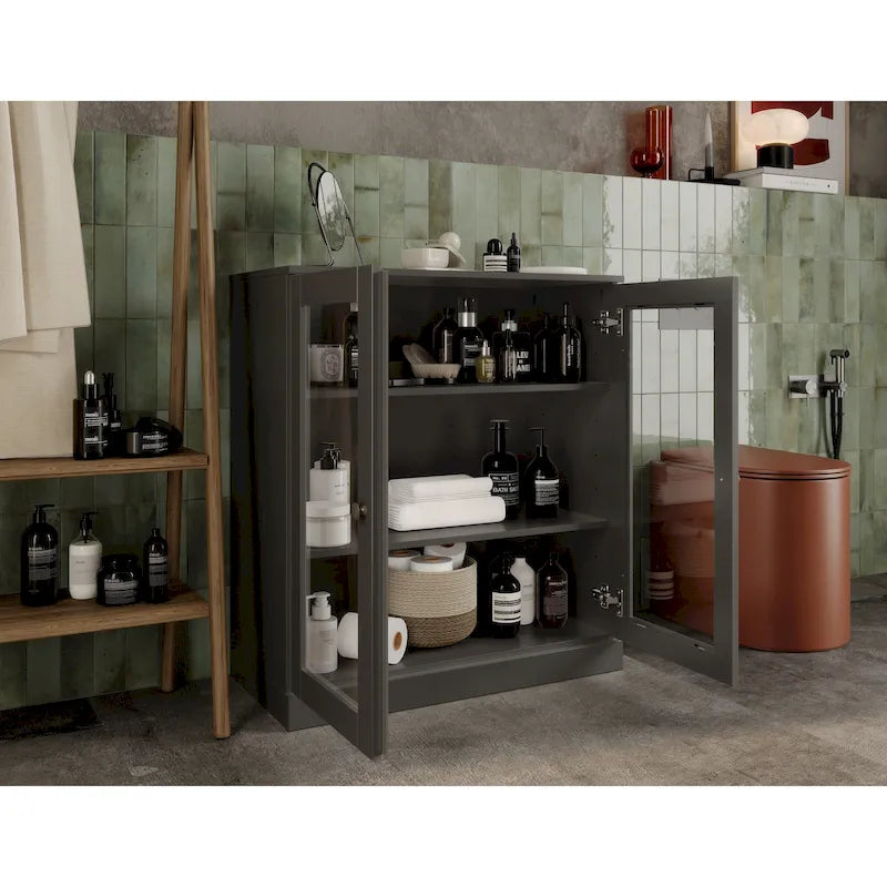 Meuble de salle de bain 100 % bois massif 32 po avec portes en verre transparent et étagères réglables