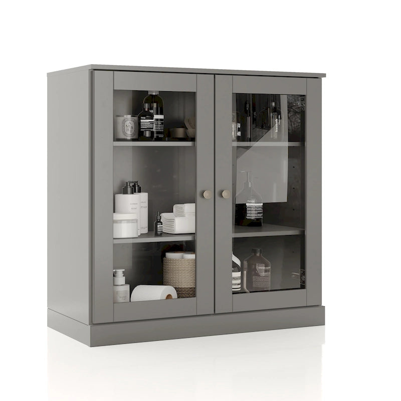 Meuble de salle de bain 100 % bois massif 32 po avec portes en verre transparent et étagères réglables