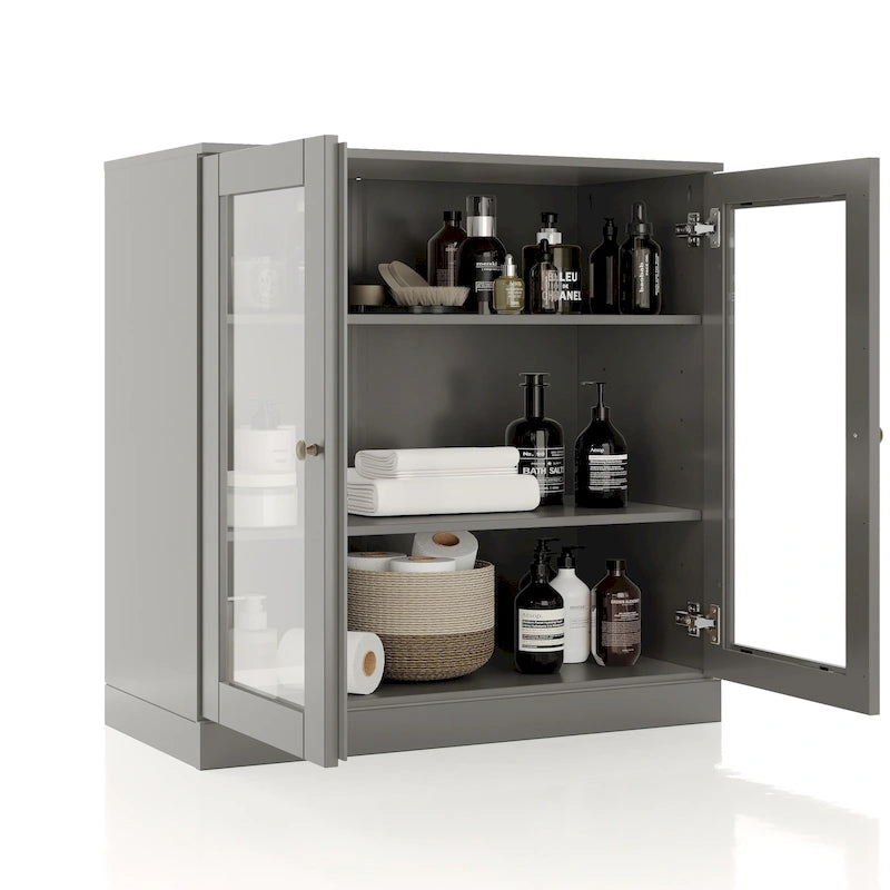 Meuble de salle de bain 100 % bois massif 32 po avec portes en verre transparent et étagères réglables