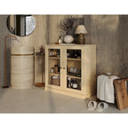 Meuble de salle de bain 100 % bois massif 32 po avec portes en verre transparent et étagères réglables