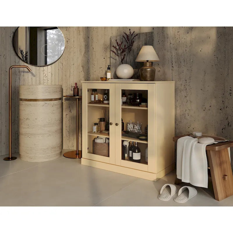Meuble de salle de bain 100 % bois massif 32 po avec portes en verre transparent et étagères réglables