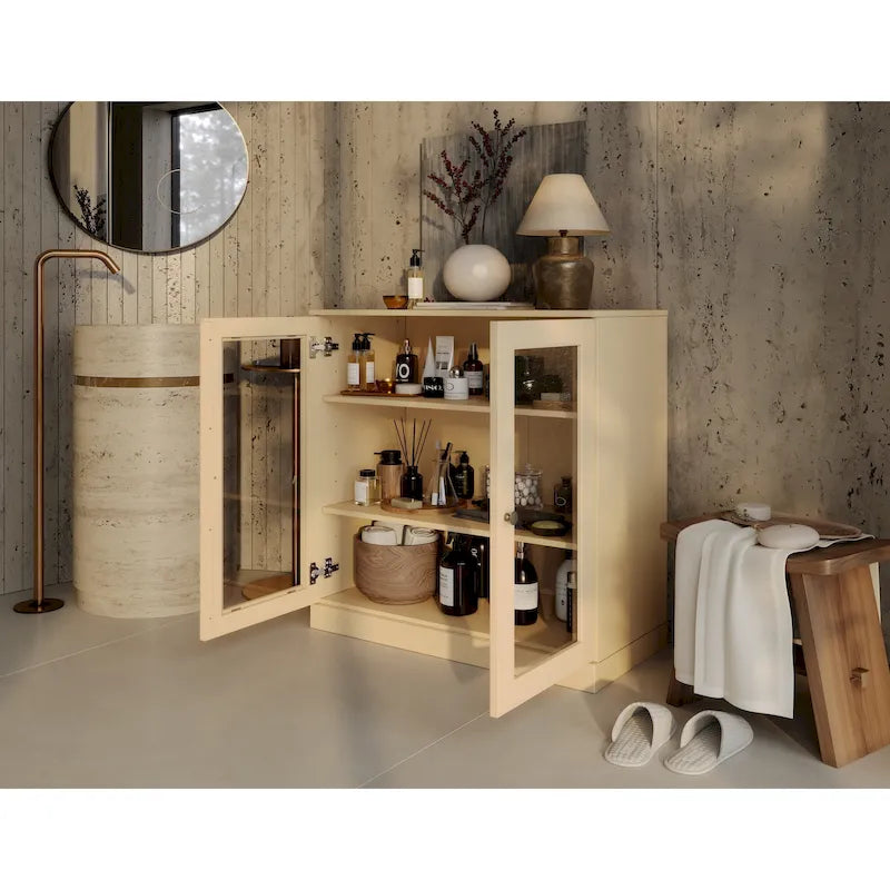 Meuble de salle de bain 100 % bois massif 32 po avec portes en verre transparent et étagères réglables