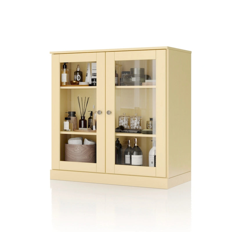 Meuble de salle de bain 100 % bois massif 32 po avec portes en verre transparent et étagères réglables