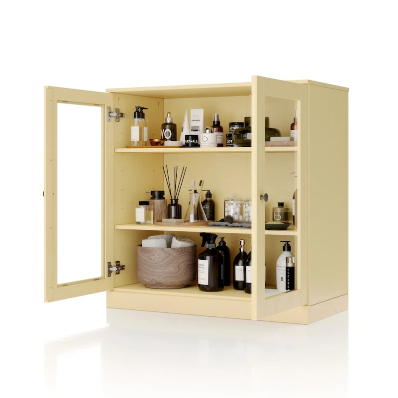 Meuble de salle de bain 100 % bois massif 32 po avec portes en verre transparent et étagères réglables