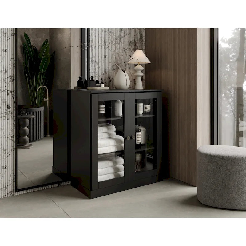 Meuble de salle de bain 100 % bois massif 32 po avec portes en verre transparent et étagères réglables