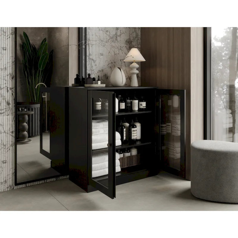 Meuble de salle de bain 100 % bois massif 32 po avec portes en verre transparent et étagères réglables