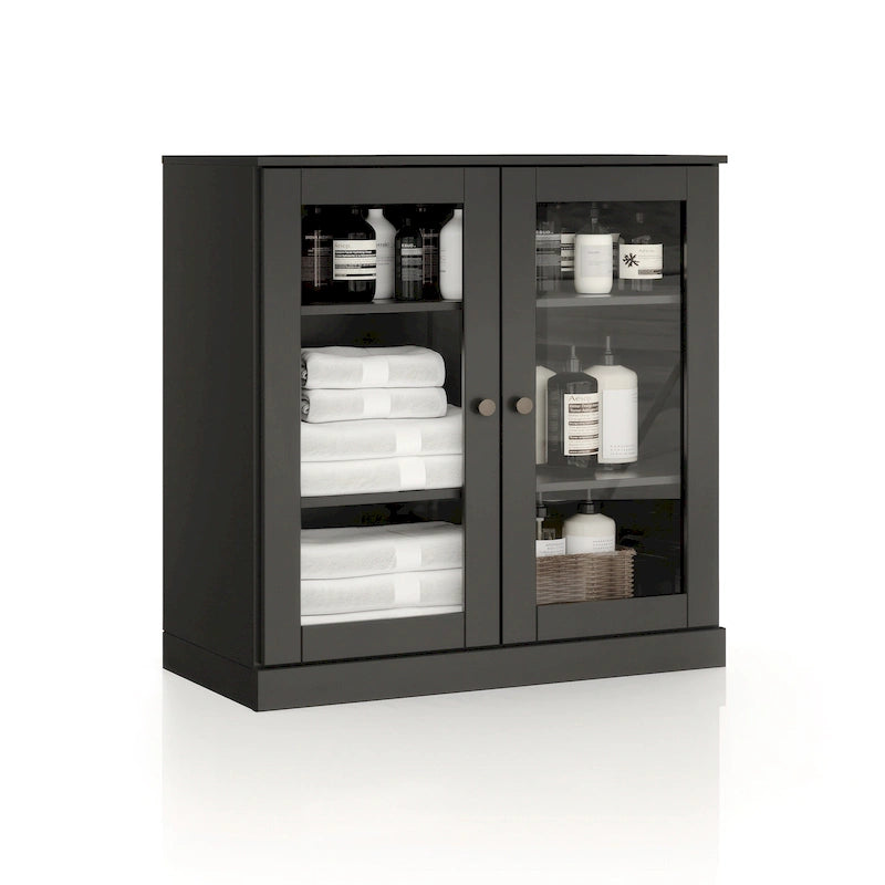 Meuble de salle de bain 100 % bois massif 32 po avec portes en verre transparent et étagères réglables