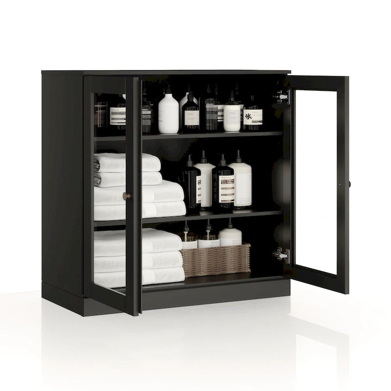 Meuble de salle de bain 100 % bois massif 32 po avec portes en verre transparent et étagères réglables