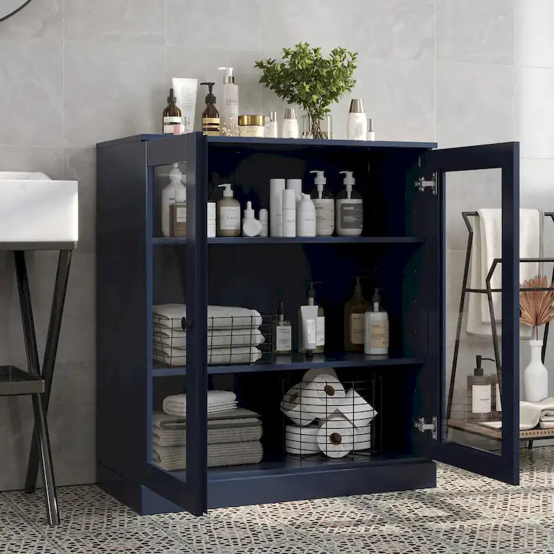 Meuble de salle de bain 100 % bois massif 32 po avec portes en verre transparent et étagères réglables