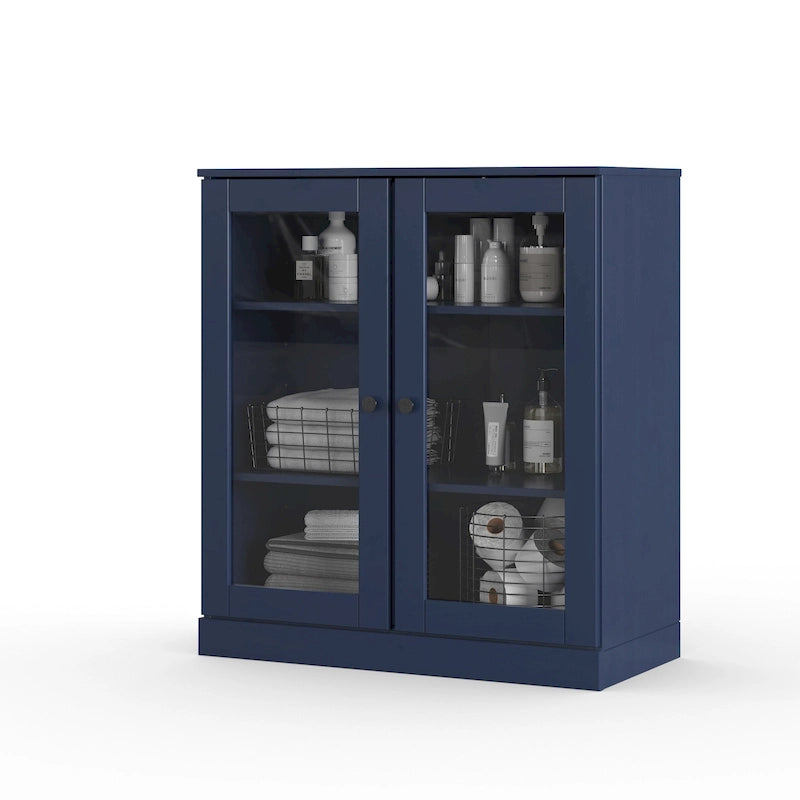 Meuble de salle de bain 100 % bois massif 32 po avec portes en verre transparent et étagères réglables