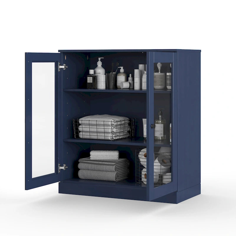 Meuble de salle de bain 100 % bois massif 32 po avec portes en verre transparent et étagères réglables