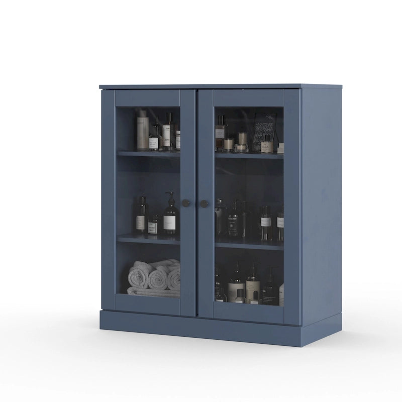 Meuble de salle de bain 100 % bois massif 32 po avec portes en verre transparent et étagères réglables