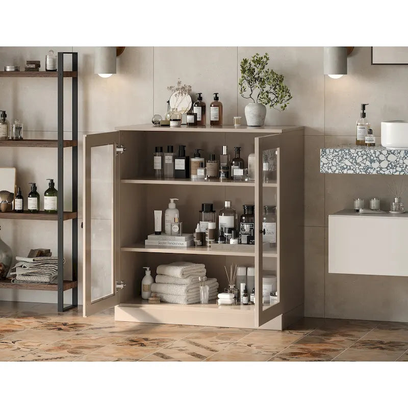 Meuble de salle de bain 100 % bois massif 32 po avec portes en verre transparent et étagères réglables
