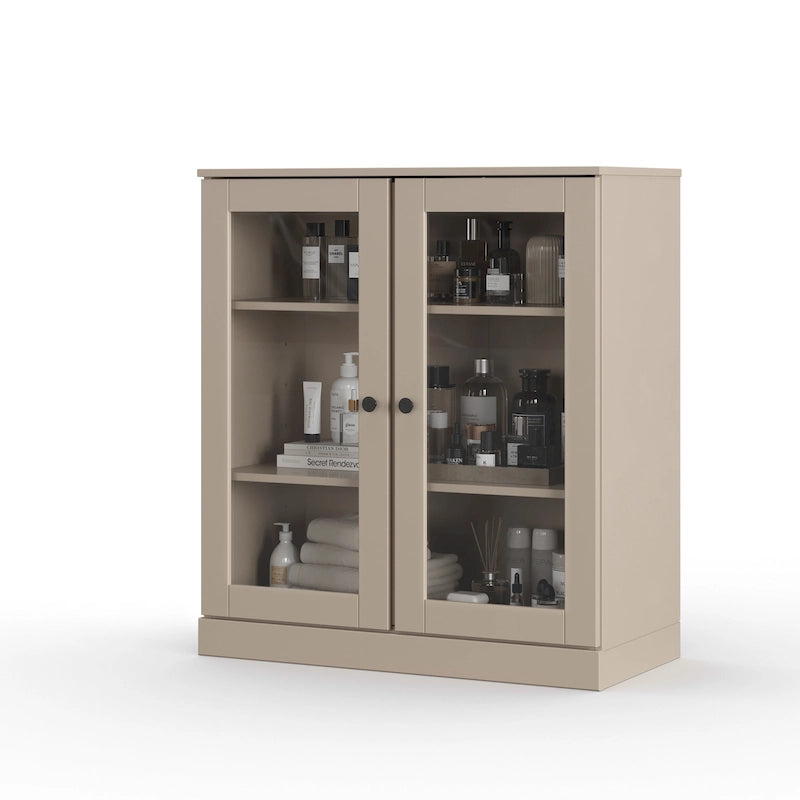 Meuble de salle de bain 100 % bois massif 32 po avec portes en verre transparent et étagères réglables