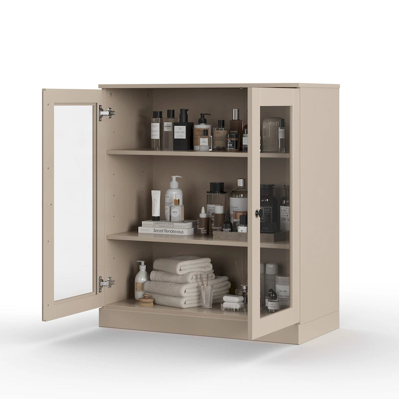 Meuble de salle de bain 100 % bois massif 32 po avec portes en verre transparent et étagères réglables