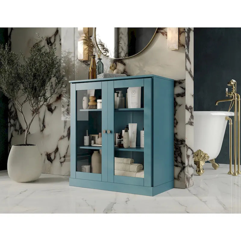 Meuble de salle de bain 100 % bois massif 32 po avec portes en verre transparent et étagères réglables