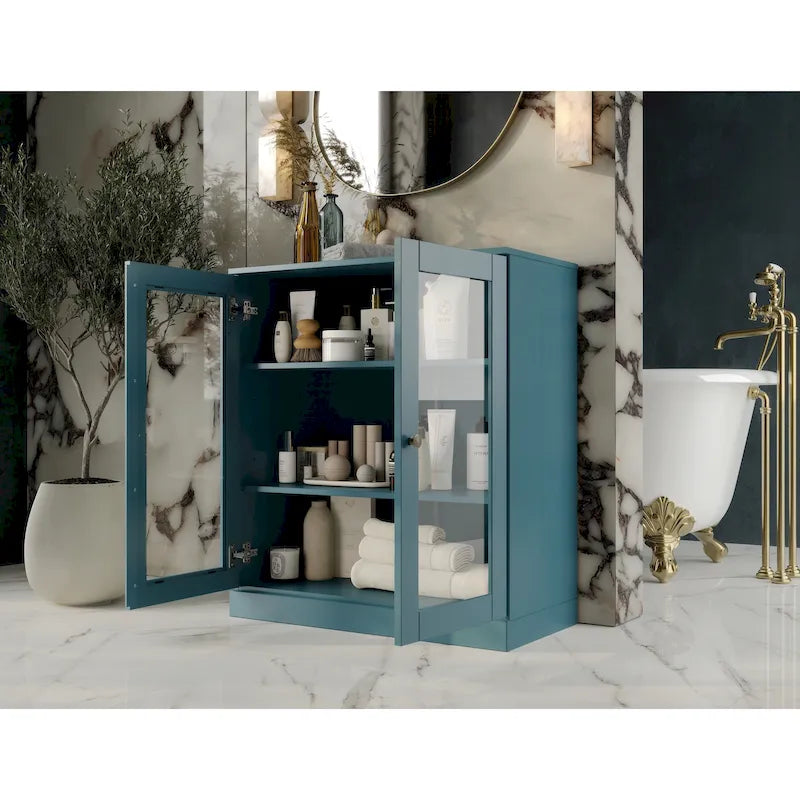 Meuble de salle de bain 100 % bois massif 32 po avec portes en verre transparent et étagères réglables