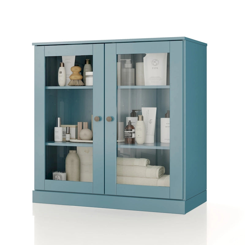 Meuble de salle de bain 100 % bois massif 32 po avec portes en verre transparent et étagères réglables