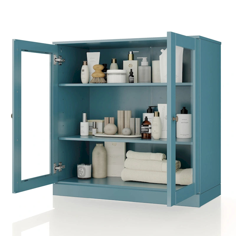 Meuble de salle de bain 100 % bois massif 32 po avec portes en verre transparent et étagères réglables