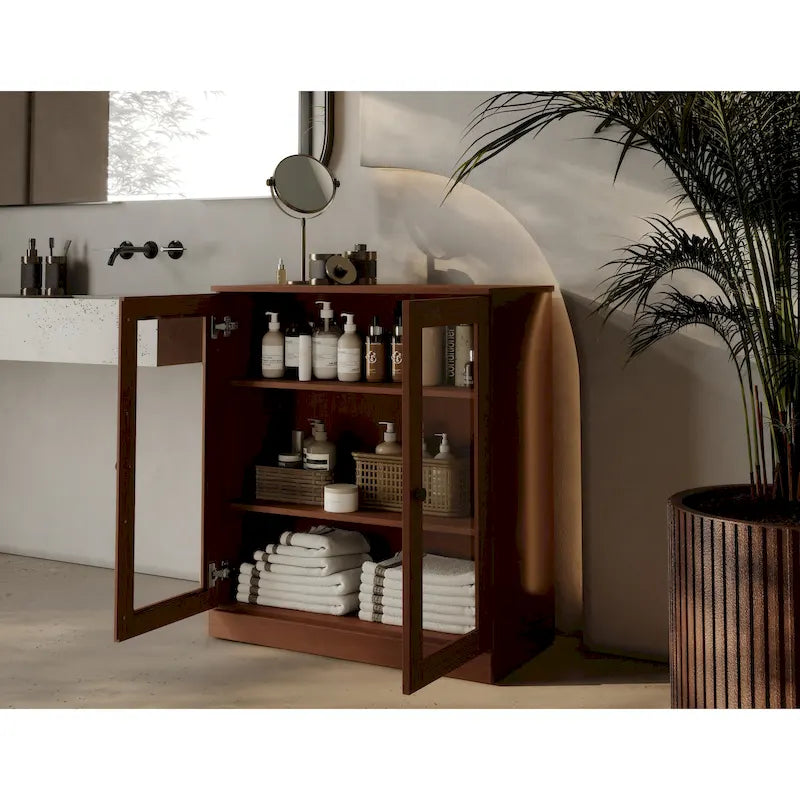 Meuble de salle de bain 100 % bois massif 32 po avec portes en verre transparent et étagères réglables