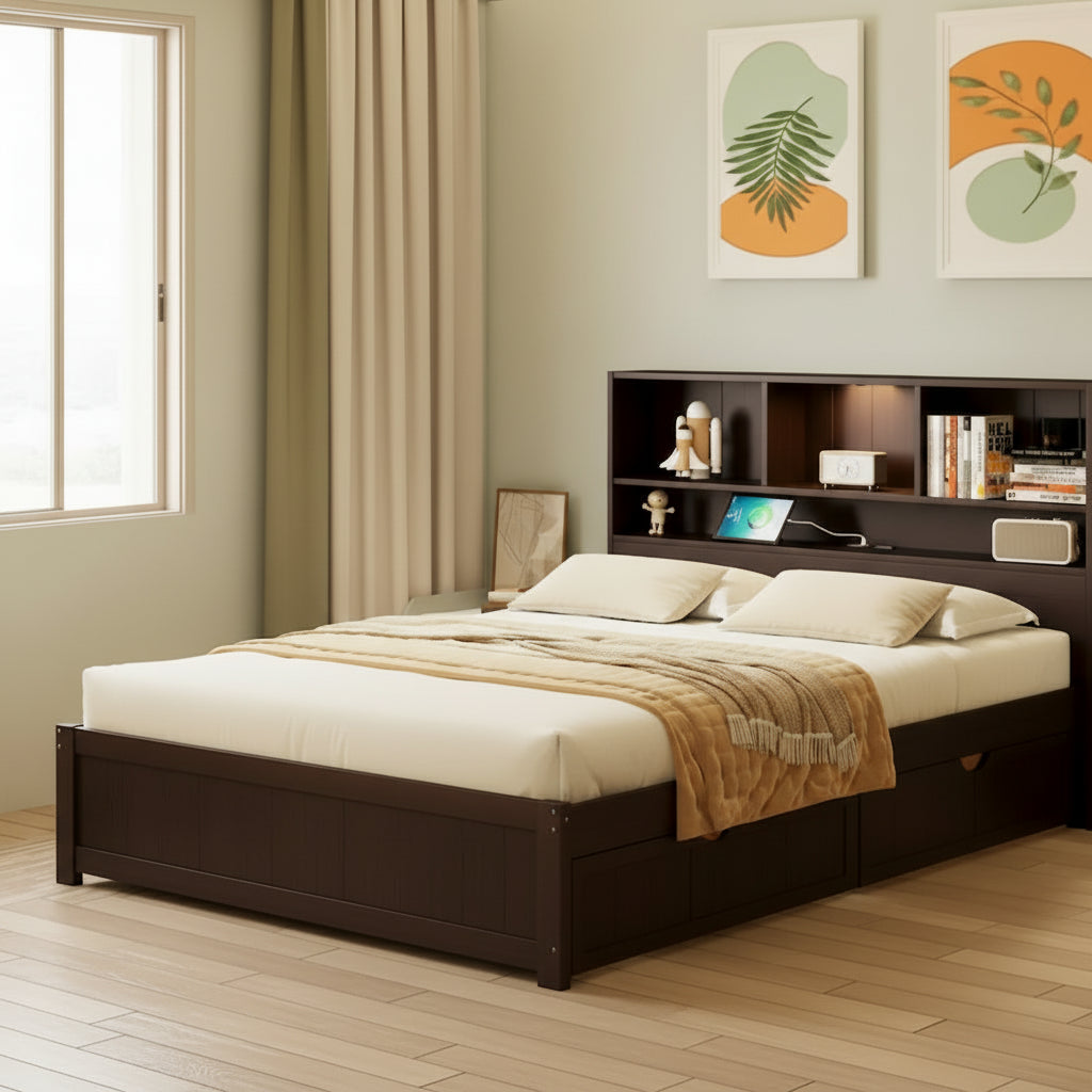 Storage Platform Bed with 2 Underbed Drawers, Wood Captains Bed with Bookcase Headboard Built-in Downlight Charging Station