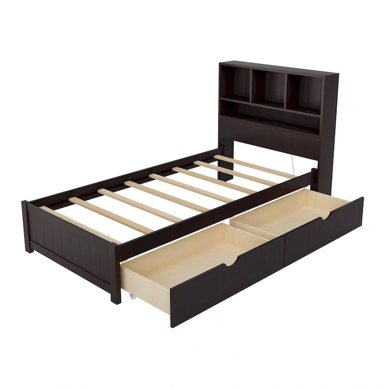Lit plate-forme de rangement avec 2 tiroirs sous le lit, lit capitaine en bois avec tête de lit bibliothèque intégrée, lumière d'appoint et station de recharge