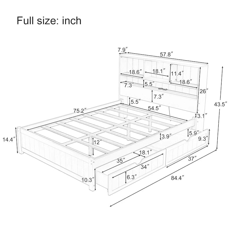 Lit plate-forme de rangement avec 2 tiroirs sous le lit, lit capitaine en bois avec tête de lit bibliothèque intégrée, lumière d'appoint et station de recharge