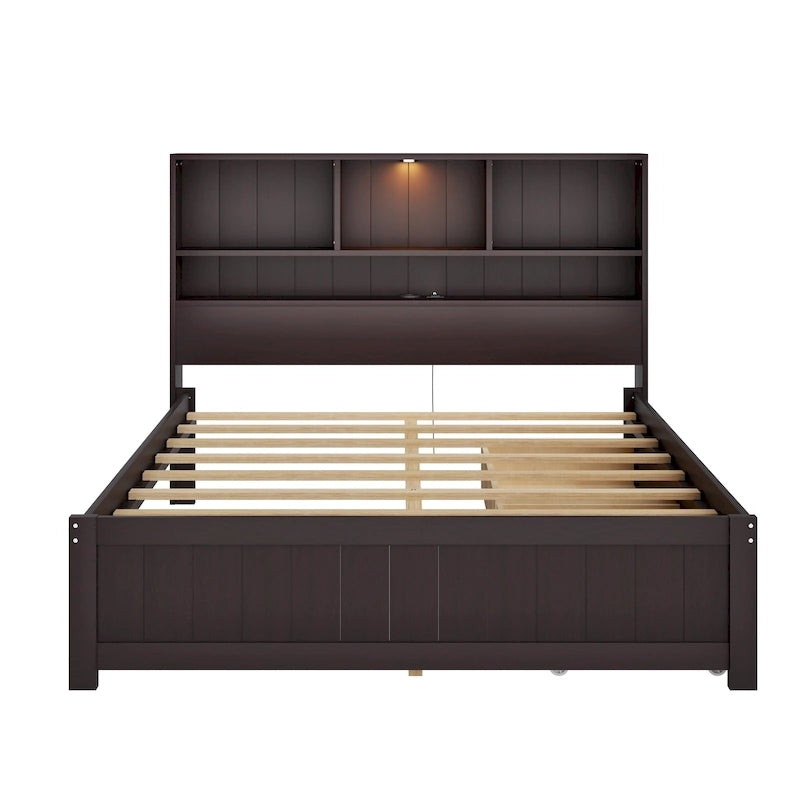 Lit plate-forme de rangement avec 2 tiroirs sous le lit, lit capitaine en bois avec tête de lit bibliothèque intégrée, lumière d'appoint et station de recharge