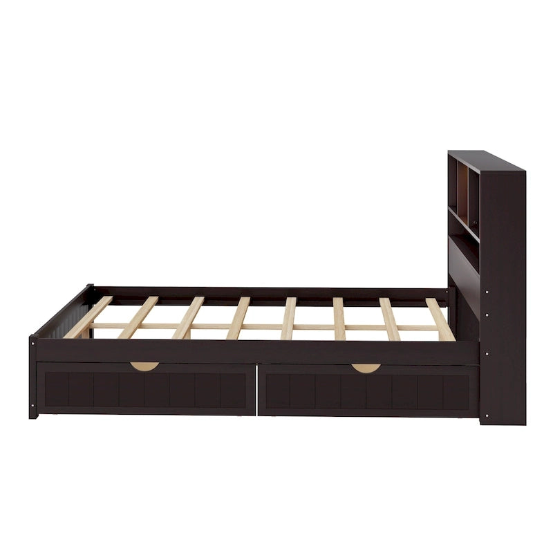 Lit plate-forme de rangement avec 2 tiroirs sous le lit, lit capitaine en bois avec tête de lit bibliothèque intégrée, lumière d'appoint et station de recharge