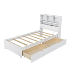 Lit plate-forme de rangement avec 2 tiroirs sous le lit, lit capitaine en bois avec tête de lit bibliothèque intégrée, lumière d'appoint et station de recharge