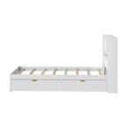 Lit plate-forme de rangement avec 2 tiroirs sous le lit, lit capitaine en bois avec tête de lit bibliothèque intégrée, lumière d'appoint et station de recharge