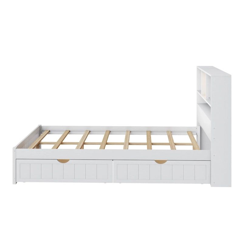 Lit plate-forme de rangement avec 2 tiroirs sous le lit, lit capitaine en bois avec tête de lit bibliothèque intégrée, lumière d'appoint et station de recharge