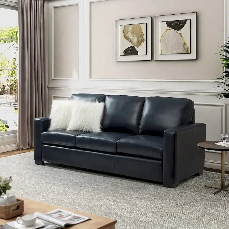Canapé en cuir véritable de 210 cm de large avec accoudoirs carrés et coussins