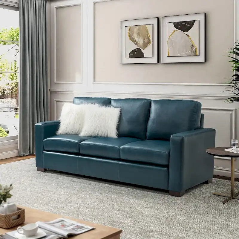 Canapé en cuir véritable de 210 cm de large avec accoudoirs carrés et coussins