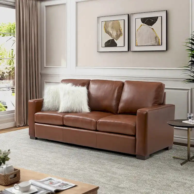 Canapé en cuir véritable de 210 cm de large avec accoudoirs carrés et coussins
