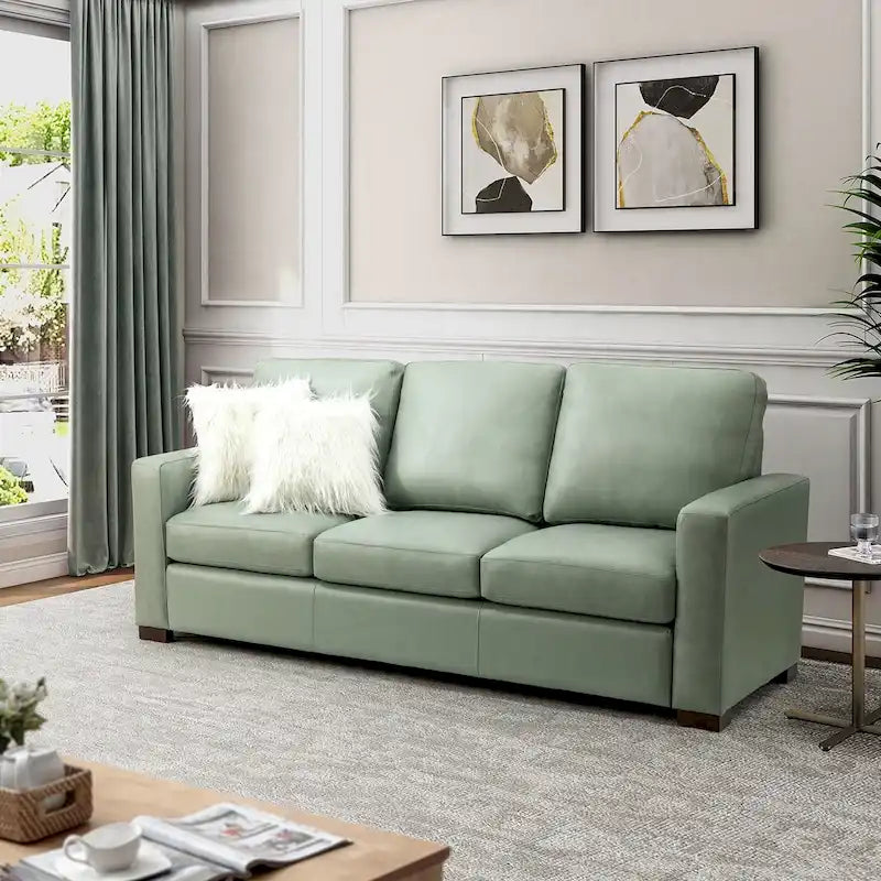 Canapé en cuir véritable de 210 cm de large avec accoudoirs carrés et coussins