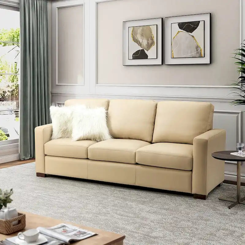 Canapé en cuir véritable de 210 cm de large avec accoudoirs carrés et coussins