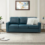 Canapé en cuir véritable de 210 cm de large avec accoudoirs carrés et coussins
