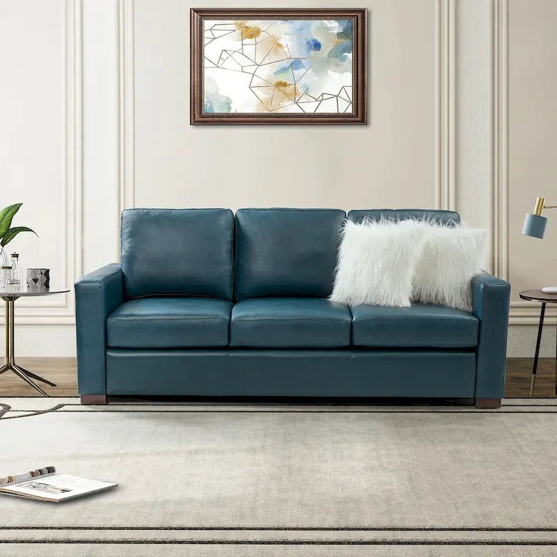 Canapé en cuir véritable de 210 cm de large avec accoudoirs carrés et coussins