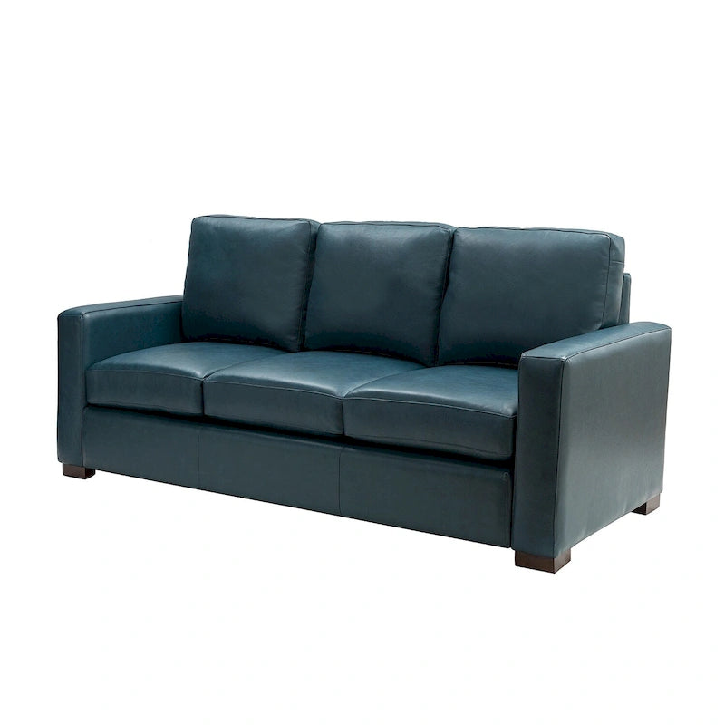 Canapé en cuir véritable de 210 cm de large avec accoudoirs carrés et coussins