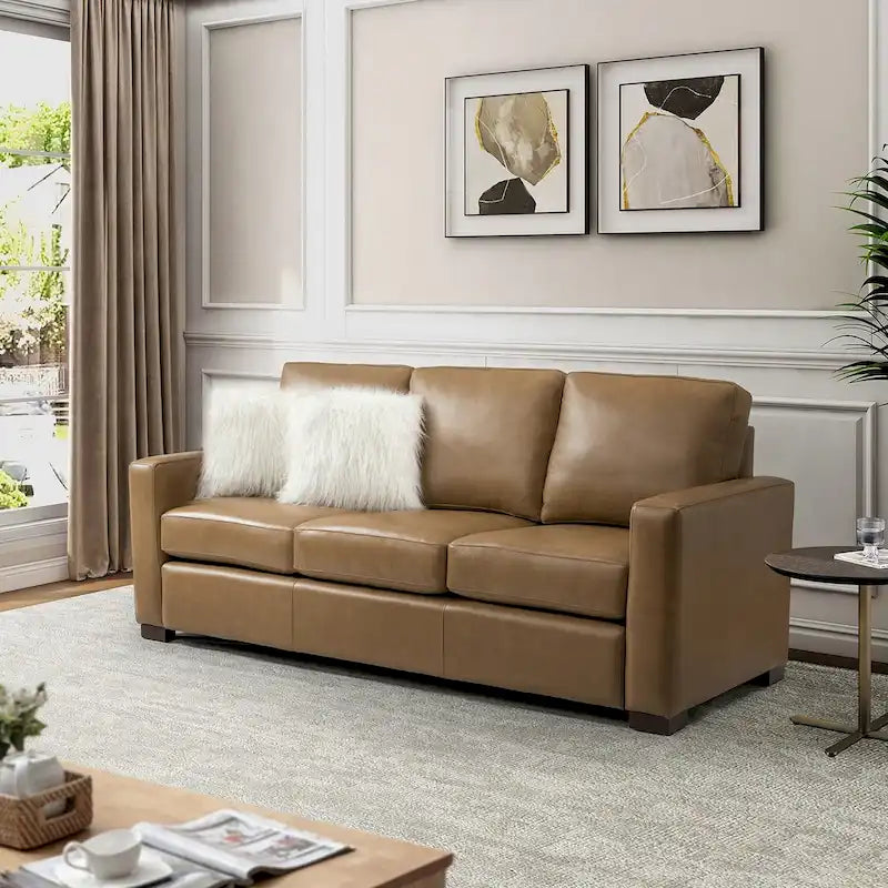 Canapé en cuir véritable de 210 cm de large avec accoudoirs carrés et coussins